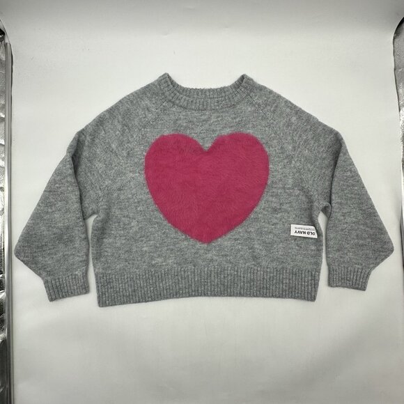 Old Navy Size Large Gray Fuzzy Pink Heart Cropped Crew Neck Pullover Sweater NWT - Picture 2 of 13
